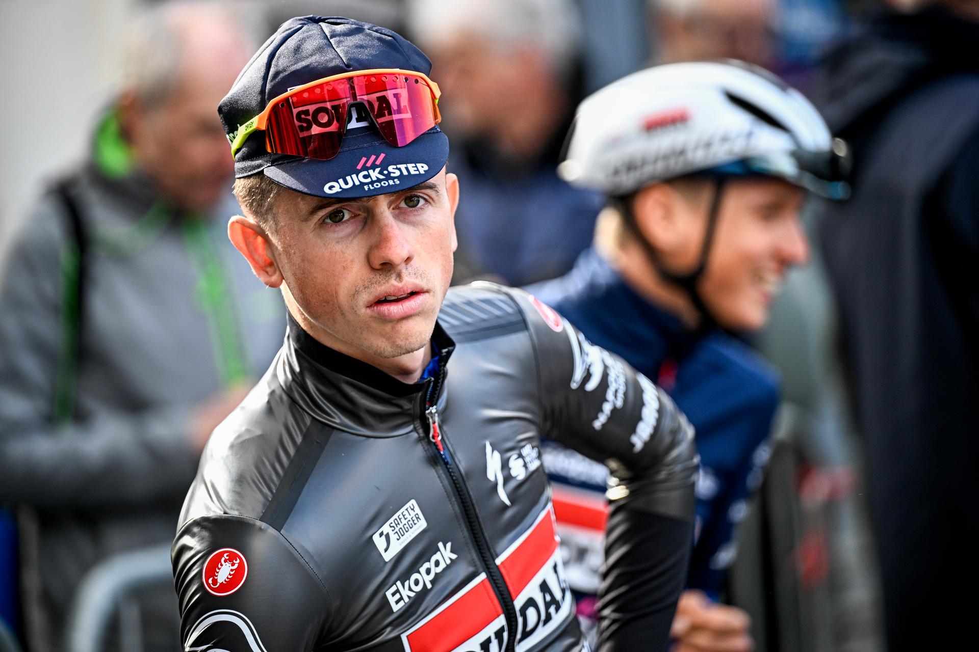 British James Knox of Soudal Quick-Step pictured at the start of the men's race of the 'La Fleche Wallonne', one day cycling race (Waalse Pijl - Walloon Arrow), 199 km from Charleroi to Huy, Wednesday 17 April 2024. BELGA PHOTO JASPER JACOBS