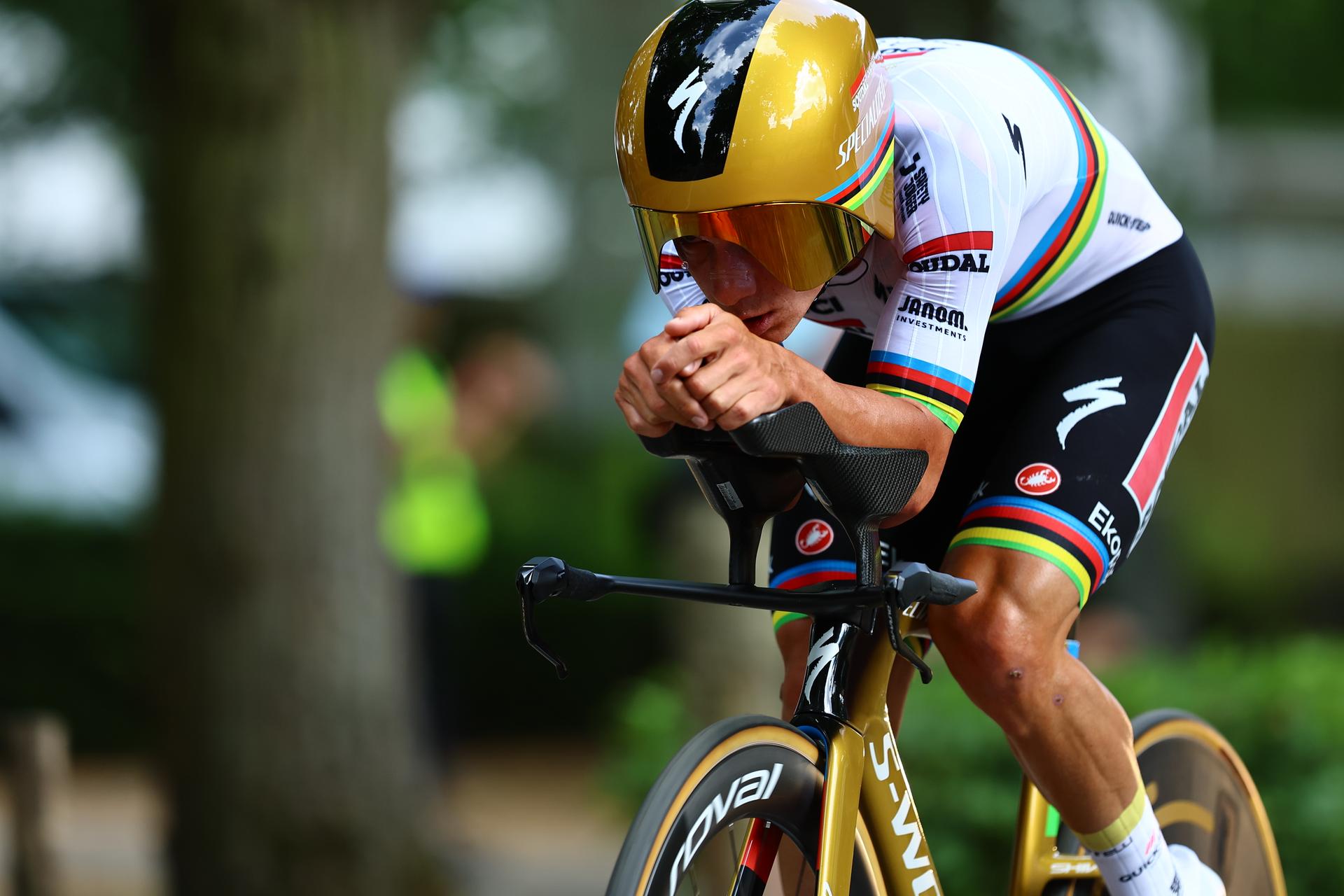 Belgian Remco Evenepoel of Soudal Quick-Step pictured in action during the men's elite individual time trial of the Belgian Cycling Championships, 40,2km, in Brasschaat, on Friday 27 June 2025. BELGA PHOTO DAVID PINTENS