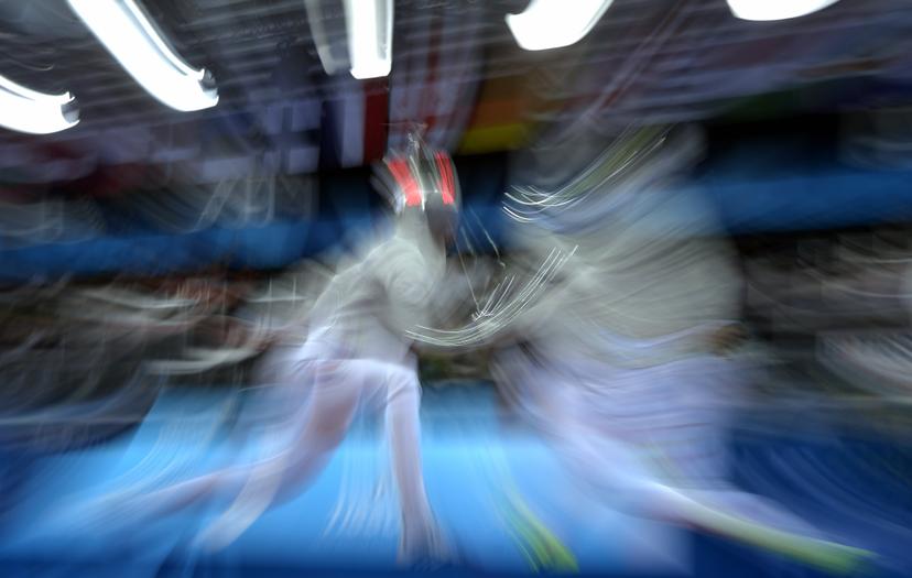 20150623 - BAKU, AZERBAIJAN: Illustration picture shows a slow motion photograph taken during the fencing, men's individual sabre competition, at the European Games 2015, in Baku, Azerbaijan, Tuesday 23 June 2015. The European Games 2015 multi-sport event takes place from 12 to 28 June. BELGA PHOTO ERIC LALMAND