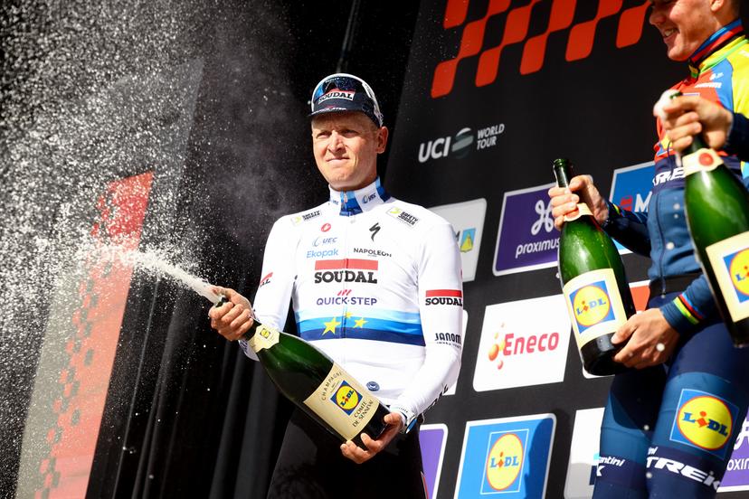 Belgian Tim Merlier of Soudal Quick-Step pictured on the podium after the men elite 'Gent-Wevelgem - In Flanders Fields' one day cycling race, 250.3 km from Ieper to Wevelgem, Sunday 30 March 2025. BELGA PHOTO DAVID PINTENS