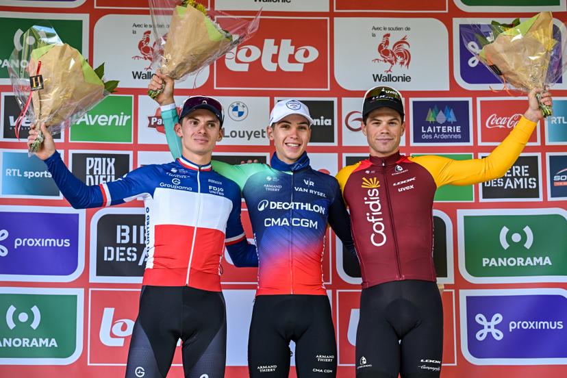 French Romain Gregoire of Groupama-FDJ United, French Aubin Sparfel of SDecathlon CGM CMA  and Belgian Milan Fretin of Cofidis pictured on the podium after the one day cycling race Grand Prix de Wallonie 2026 (196,8 km), in Namur, on Wednesday 16 September 2026.  BELGA PHOTO DAVID PINTENS