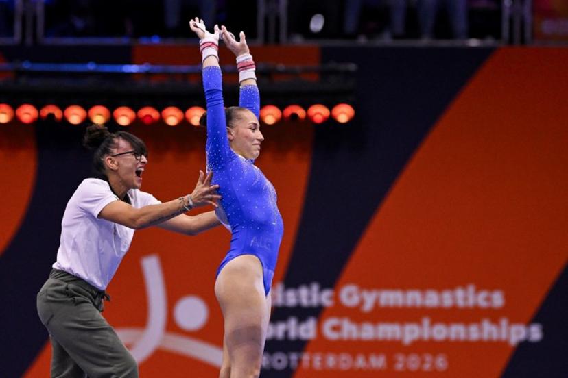 Algeria's Kaylia Nemour reacts as she competes in the Women's Uneven Bars Final during the 54th FIG Artistic Gymnastics World Championships, in Rotterdam, southern Netherlands, on October 24, 2026.  JOHN THYS / AFP