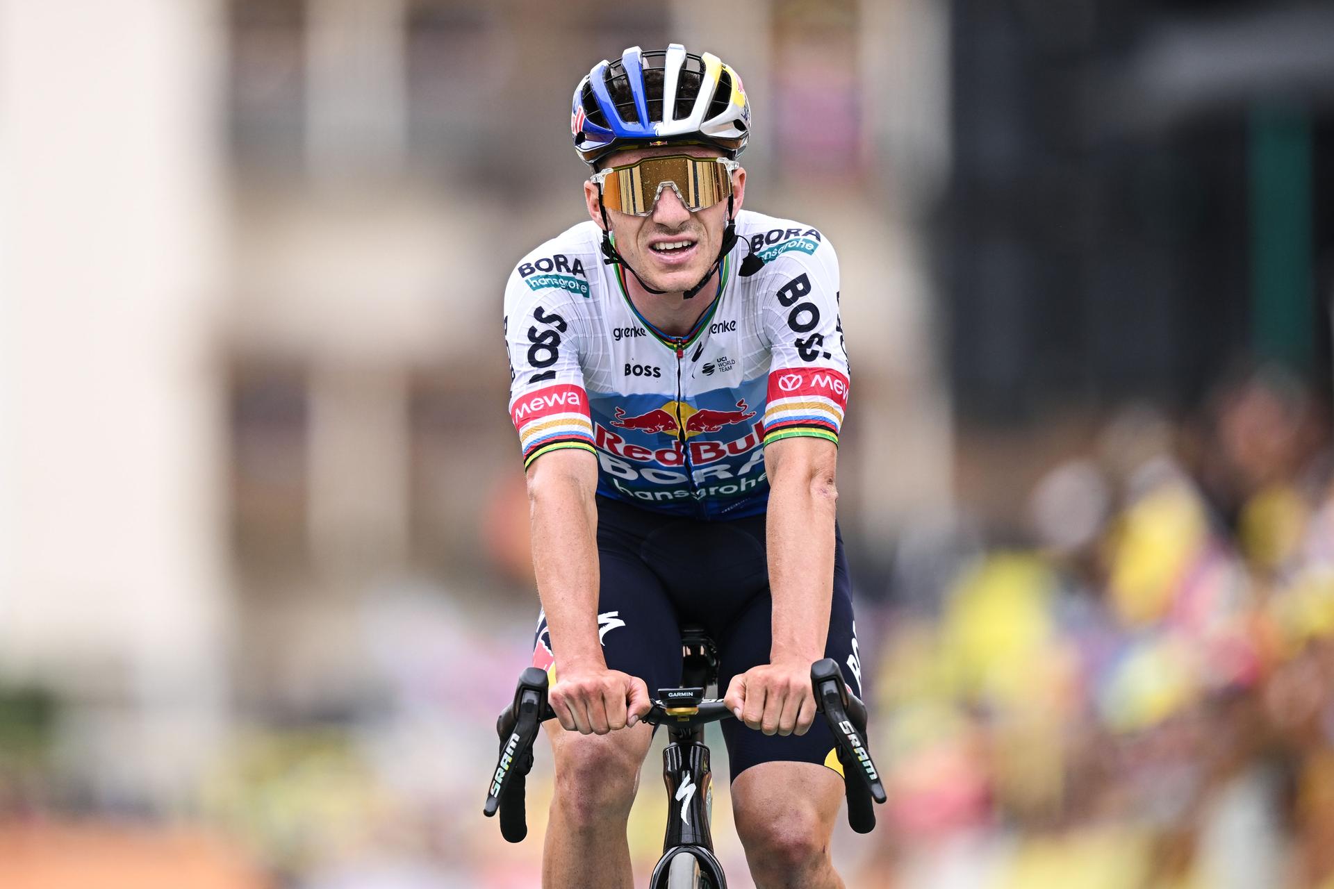 Belgian Remco Evenepoel of Red Bull-BORA-hansgrohe crosses the finish line of stage 20 of the 2026 Tour de France cycling race, a stage of 171km Le Bourg d'Oisans to Alpe d'Huez, on Saturday 25 July 2026. The 113th edition of the Tour de France starts on Saturday 4 July in Barcelona, Spain, and will finish in Paris, France on the 26th of July. BELGA PHOTO DAVID PINTENS