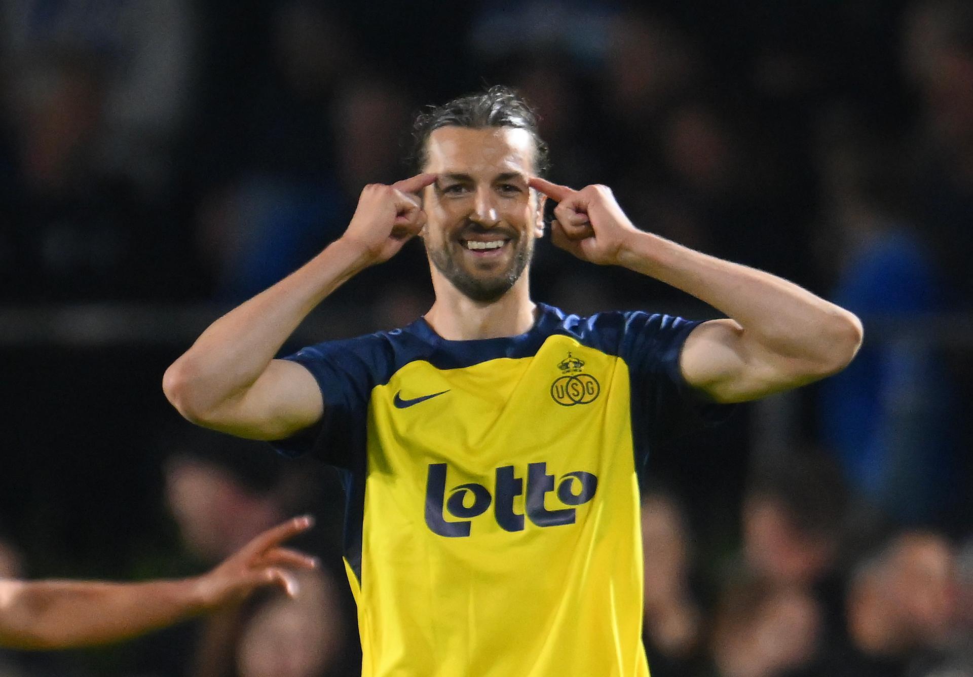 Union's Christian Burgess celebrates after scoring the 1-0 goal during a soccer match between Royale Union Saint-Gilloise and KRC Genk, Saturday 03 May 2025 in Brussels, on day 7 (out of 10) of the Champions' Play-offs of the 2024-2025 'Jupiler Pro League' first division of the Belgian championship. BELGA PHOTO JOHN THYS