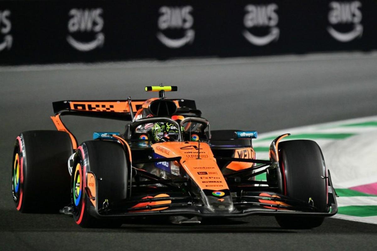 McLaren's British driver Lando Norris drives during the second practice session of the 2025 Saudi Arabia Formula One Grand Prix at the Jeddah Corniche Circuit on April 18, 2025.  Giuseppe CACACE / AFP