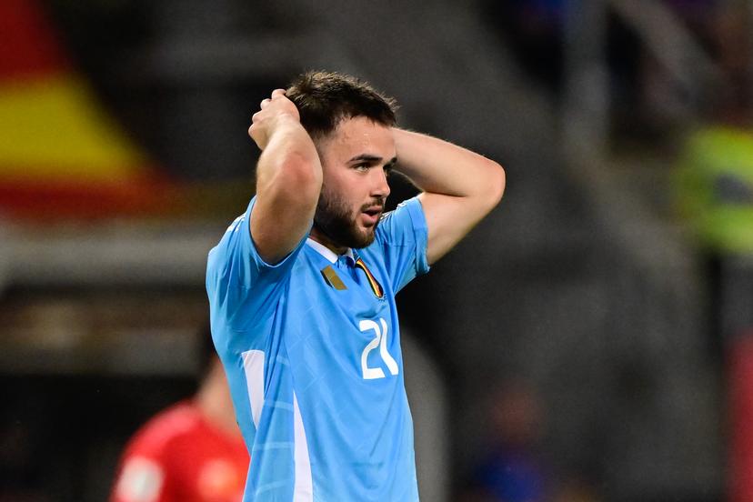 Belgium's Nicolas Raskin reacts during a soccer game between North Macedonia and Belgian national team Red Devils, Friday 06 June 2025 in Skopje, the first (out of 8) qualification games for the World Cup 2026. BELGA PHOTO DIRK WAEM