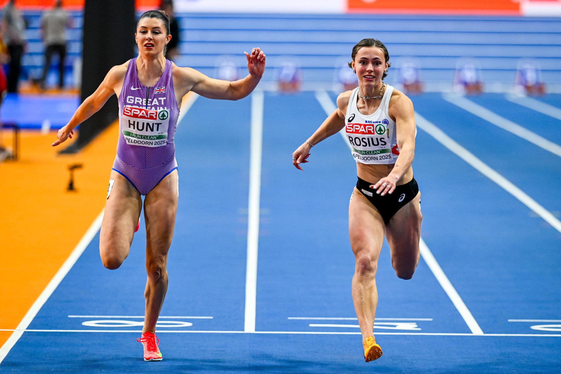 Belgian Rani Rosius pictured in action during the women's 60m sprint, at the European Athletics Indoor Championships, in Apeldoorn, The Netherlands, Sunday 09 March 2025. The championships take place from 6 to 9 March. BELGA PHOTO ERIC LALMAND