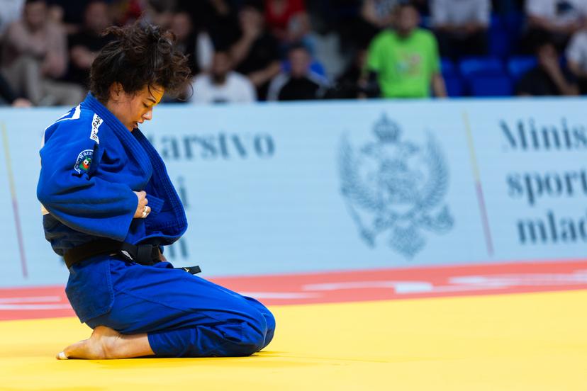 Belgian Gabriella Willems (blue gi) takes on Spanish Tsunoda (not pictured) in a bout in the Women's -70kg category, at the European Judo Championships in Podgorica, Montenegro, on Friday 25 April 2025. The tournament is taking place from 23 tot 27 April 2025. BELGA PHOTO NIKOLA KRISTC