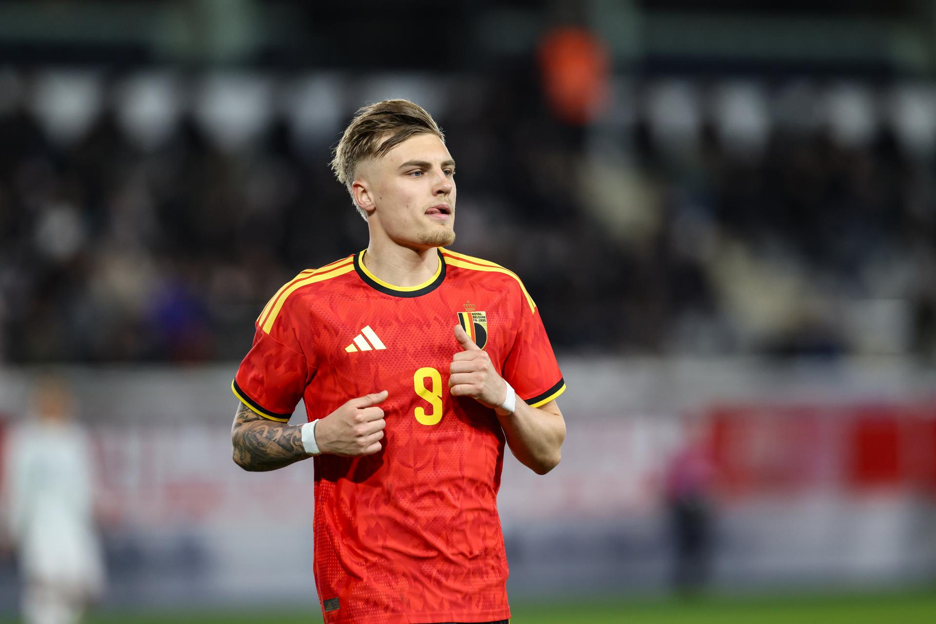 Belgian Norman Bassette pictured during a game of the Belgian national soccer team Red Devils U21 against Austria, on the day 8 of the qualifications in the group I for the 2027 Euro, in Leuven, Friday 27 March 2026. BELGA PHOTO BRUNO FAHY