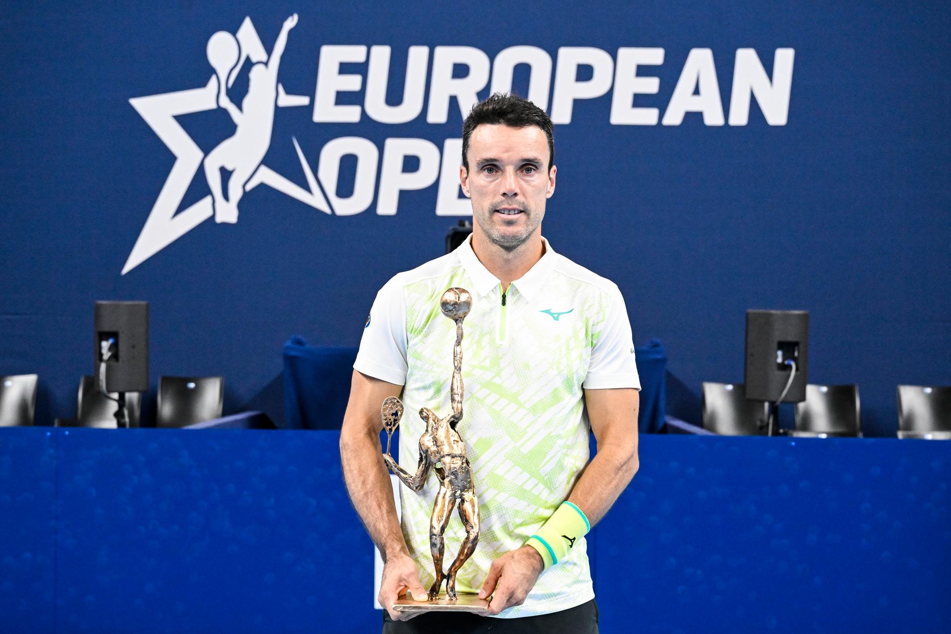 Spanish Roberto Bautista-Agut celebrates after winning a tennis match in the finals of the singles competition at the ATP European Open Tennis tournament in Antwerp, Sunday 20 October 2024. BELGA PHOTO TOM GOYVAERTS