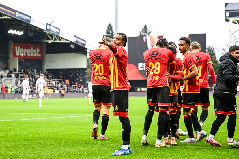 Mechelen's Therence Koudou celebrates after scoring during a soccer match between KV Mechelen and Sporting Charleroi, Sunday 07 December 2025 in Mechelen, on day 17 of the 2025-2026 'Jupiler Pro League' first division of the Belgian championship. BELGA PHOTO TOM GOYVAERTS