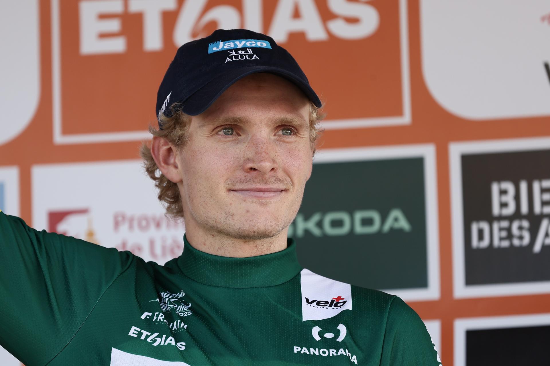 Danish Anders Foldager of Team Jayco AIUIa wearing the green jersey after the third stage of the Tour De Wallonie cycling race, from Estinnes to Antoing (165,3km), on Monday 28 July 2025. BELGA PHOTO BRUNO FAHY