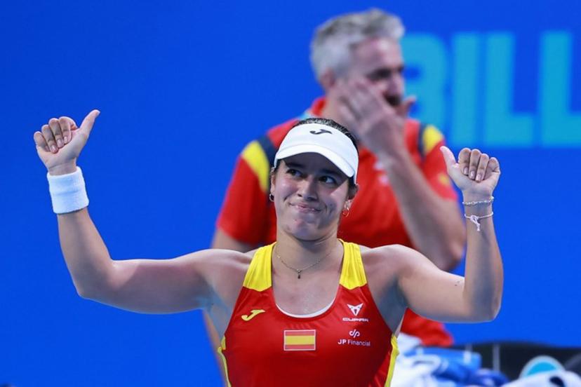 Spain's Jessica Bouzas Maneiro celebrates after beating Kazakhstan's Sonja Zhiyenbayeva in their women's singles quarter-final match at the Billie Jean King Cup tennis tournament in Shenzhen, in China's southern Guangdong province on September 23, 2026.   CN-STR / AFP