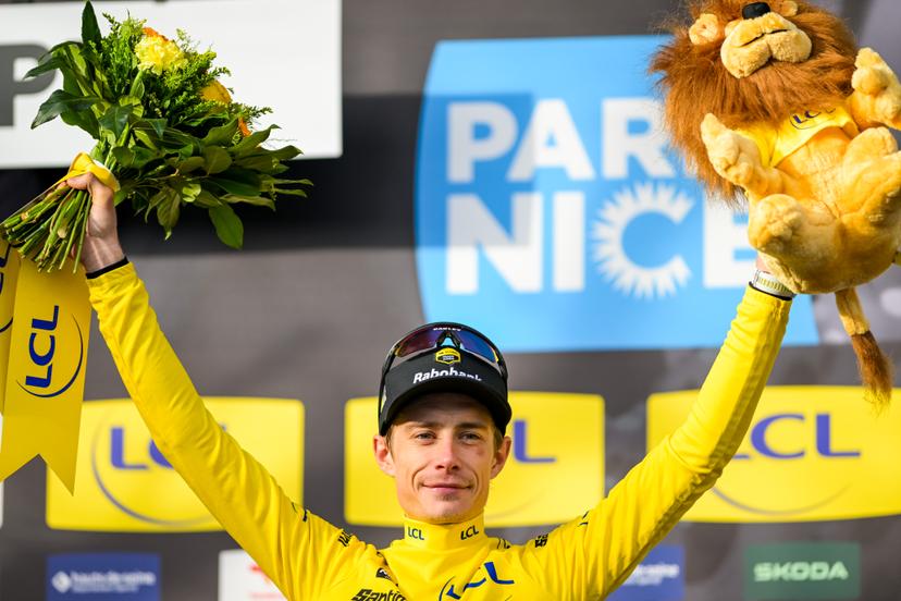 Danish Jonas Vingegaard of Team Visma-Lease a Bike celebrates on the podium in the yellow jersey of leader in the overall ranking after the sixth stage of 84th edition of the Paris-Nice cycling race, a race from Barbentane to Apt (179,3 km), on Friday 13 March 2026. BELGA PHOTO DAVID PINTENS