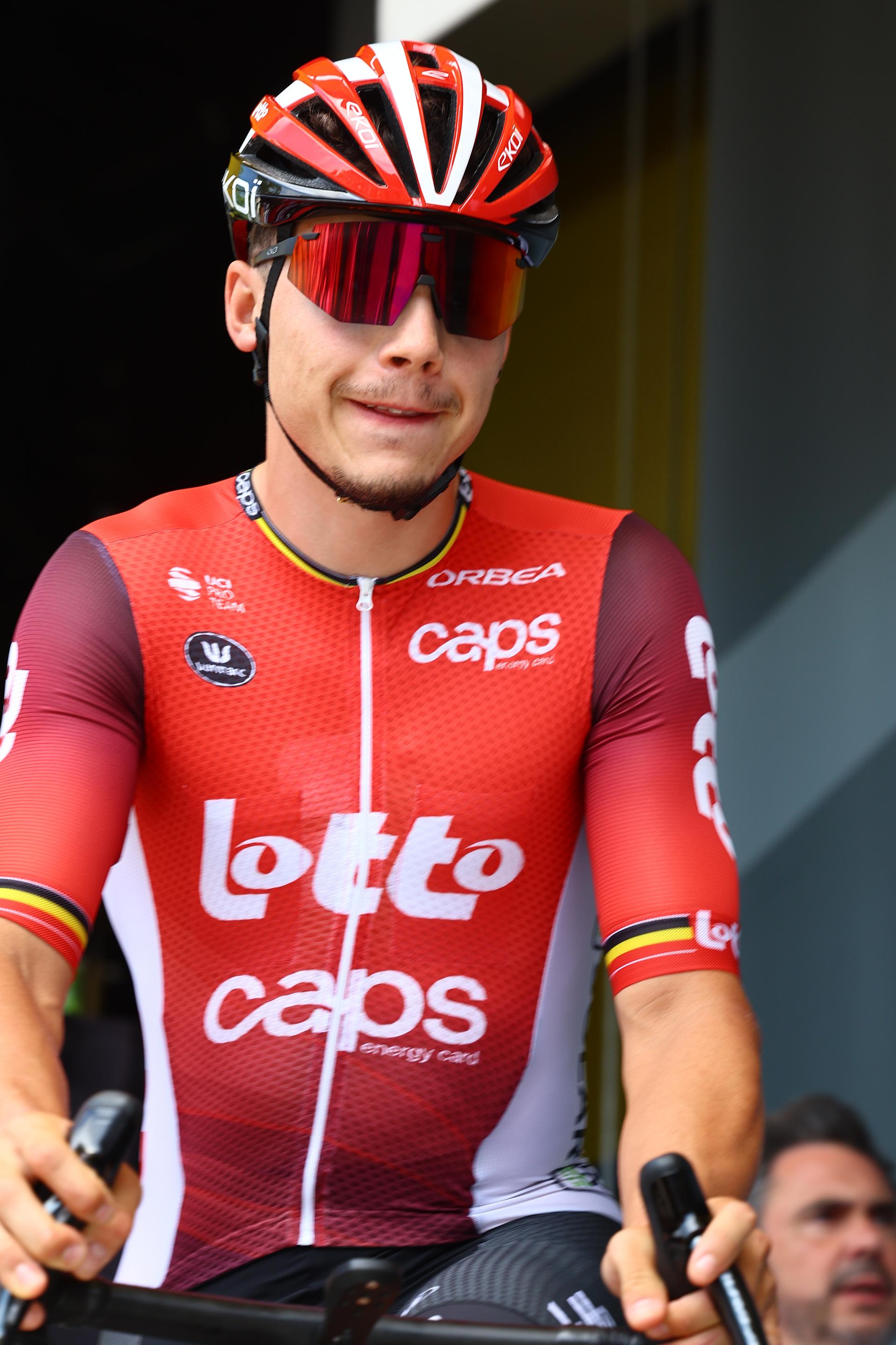 Belgian Arnaud De Lie of Lotto Cycling Team pictured at the start of stage 10 of the 2025 Tour de France cycling, from Ennezat to Le Mont-Dore Puy de Sancy (169 km), on Monday 14 July 2025 in France. The 112th edition of the Tour de France starts on Saturday 5 July in Lille, France, and will finish in Paris, France on the 27th of July.   BELGA PHOTO DAVID PINTENS
