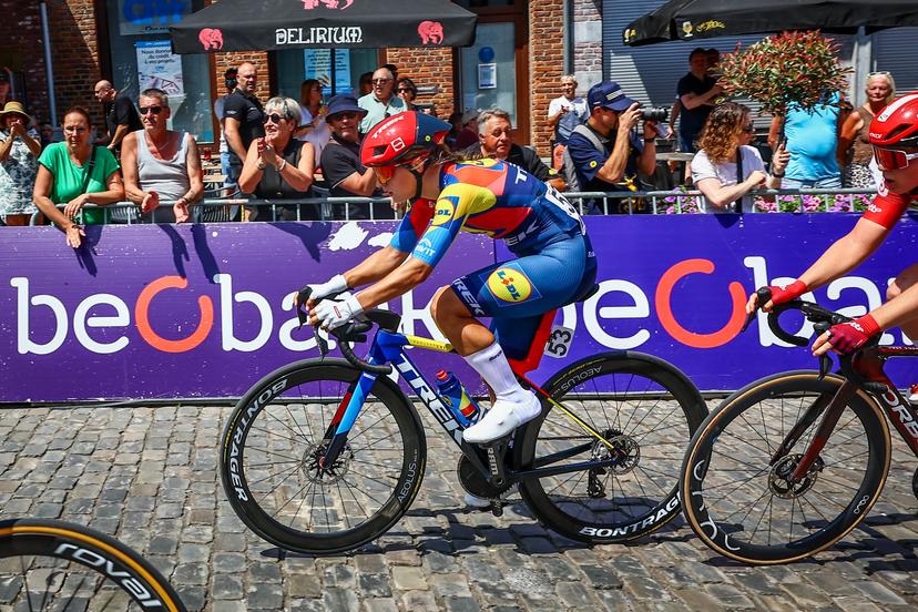 Belgian Fleur Moors of Lidl-Trek pictured in action during the women's elite road race of the Belgian Cycling Championships, 132,8 km from and to the Grand Place square in Binche on Sunday 29 June 2025. BELGA PHOTO DAVID PINTENS