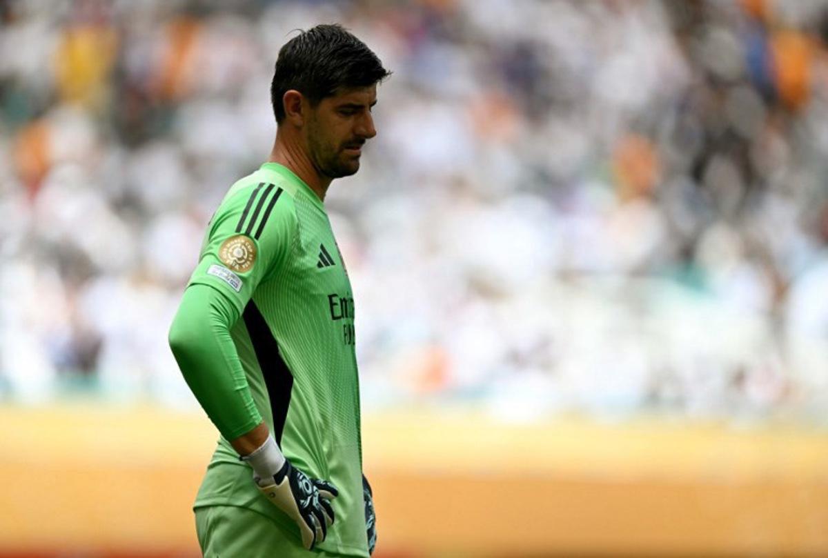 Real Madrid's Belgian goalkeeper #01 Thibaut Courtois reacts during the FIFA Club World Cup 2025 Group H football match between Spain's Real Madrid and Saudi's Al-Hilal at the Hard Rock stadium in Miami on June 18, 2025. PATRICIA DE MELO MOREIRA / AFP