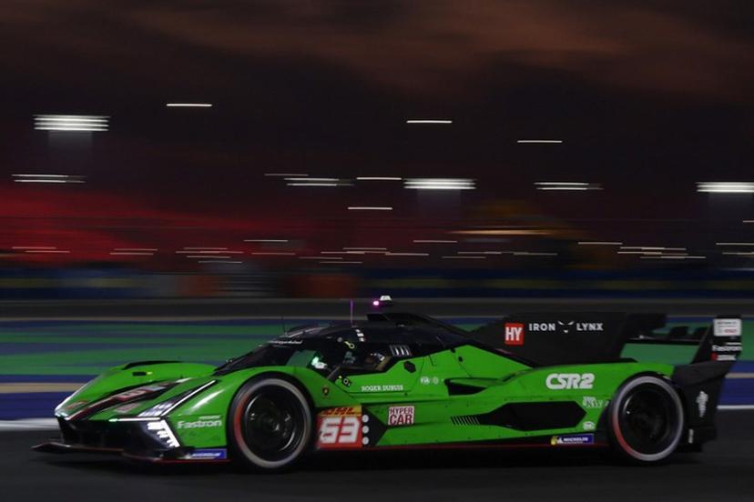 The #63 Lamborghini Iron Lynx's Lamborghini SC63 of Mirko Bortolotti, Edoardo Mortara, and Daniil Kvyat takes part in the final day of racing action in the FIA World Endurance Championship 2024 at Lusail International Circuit on March 2, 2024 in Doha, Qatar.  KARIM JAAFAR / AFP