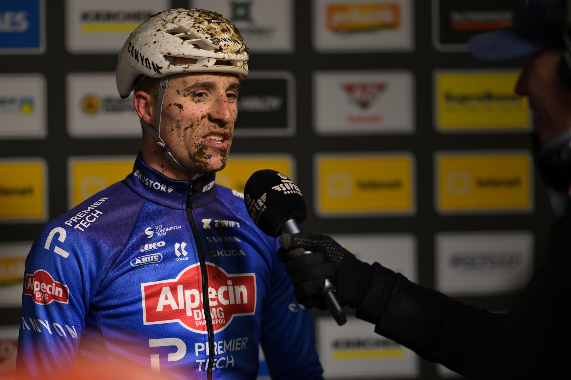 Belgian Niels Vandeputte talks to the press after winning the men elite race at the cyclocross cycling event in Gullegem on Saturday 03 January 2026,  stage 7/8 in the Superprestige cyclocross cycling competition BELGA PHOTO DAVID PINTENS