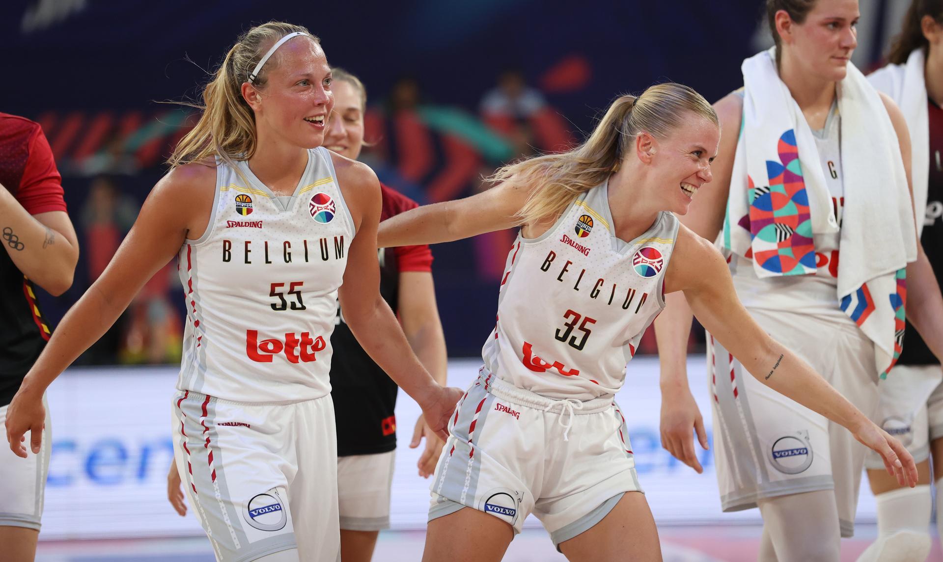 Belgium's Julie Allemand and Belgium's Julie Vanloo celebrate during a basketball game between Belgian national women's team 'the Belgian Cats' and Serbia in Ljubljana, Slovenia on Thursday 22 June 2023, the quarterfinals of the FIBA Women EuroBasket 2023 European Championships in Israel and Slovenia. BELGA PHOTO VIRGINIE LEFOUR