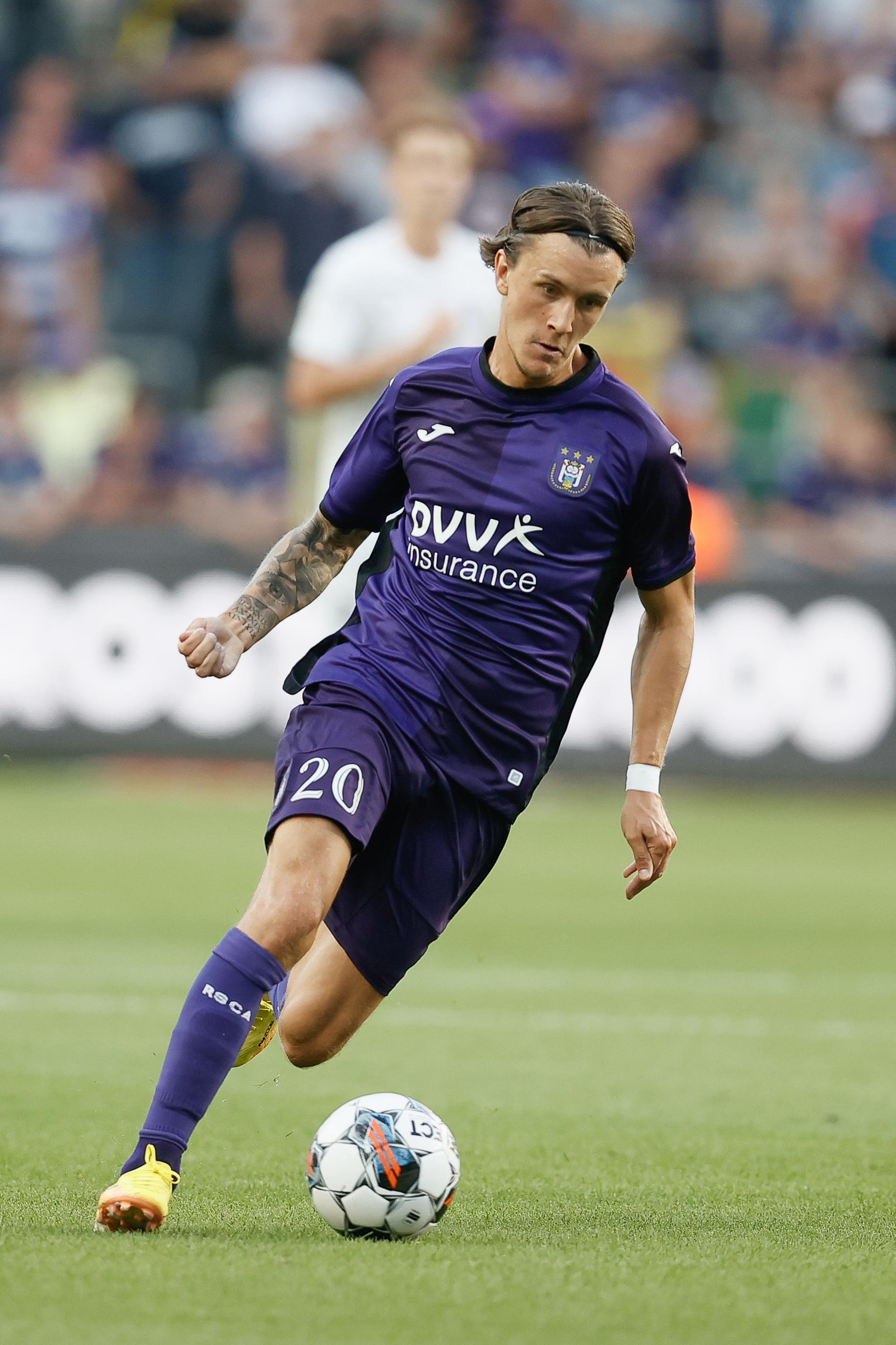 Anderlecht's Kristoffer Olsson pictured in action during a soccer match between Belgian team RSC Anderlecht and Estonian team Paide Linnameeskond, Thursday 11 August 2022 in Brussels, the return leg in the third qualifying round of the UEFA Conference League competition. The first leg was won by Anderlecht 2-0. BELGA PHOTO BRUNO FAHY