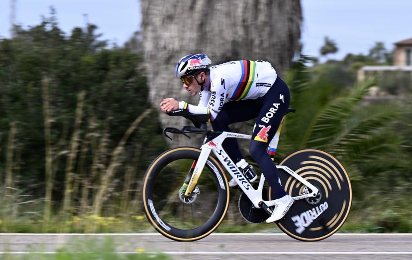 Belgian Remco Evenepoel pictured during a warm-up ride, before the Team Time Trial of the Trofeo Ses Salines Challenge Mallorca cycling race, 23,8km in Colonia de Sant Jordi, Mallorca, Spain on Thursday 29 January 2026. Belgian Evenepoel is participating in the first race in the colors of his new team Red Bull-Bora-Hansgrohe. BELGA PHOTO ERIC LALMAND