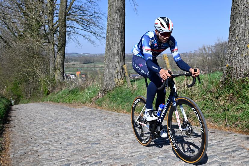 French Paul Magnier of Soudal Quick-Step pictured during a track reconaissance ahead of the Ronde van Vlaanderen/ Tour des Flandres/ Tour of Flanders cycling race, Thursday 03 April 2025. The 109th edition of the cycling race will take place on Sunday 06 April.  BELGA PHOTO DIRK WAEM