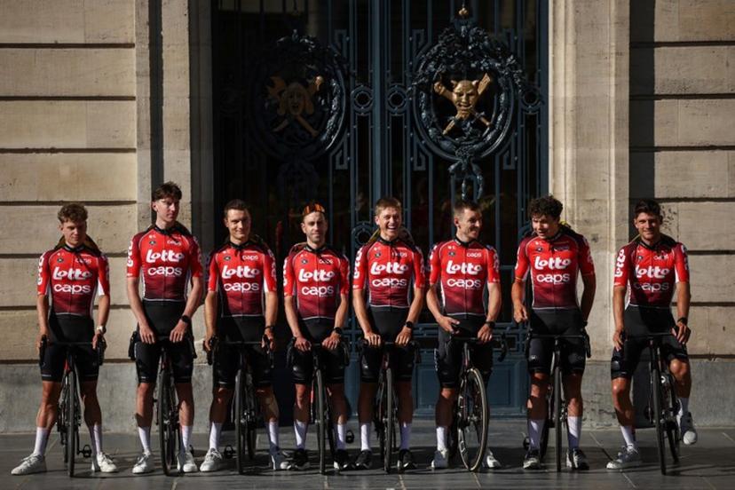 Lotto team's Belgian rider Lennert Van Eetvelt, Lotto team's Australian rider Jarrad Drizners, Lotto team's Belgian rider Sebastien Grignard, Lotto team's Argentine rider Eduardo Sepulveda, Lotto team's Belgian rider Jenno Berckmoes , Lotto team's Belgian rider Jasper De Buyst, Lotto team's Belgian rider Arnaud De Lie and Lotto team's Belgian rider Brent Van Moer pose during the official teams presentation days prior to the start of the 112th edition of the Tour de France cycling race, in Lille, northern France, on July 3, 2025.  Anne-Christine POUJOULAT / AFP