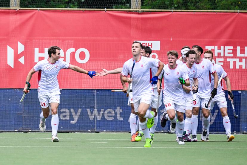 England's Will Calnan celebrates after scoring during a hockey game between Belgian national team Red Lions and England, match 16/16 in the group stage of the 2025 men's FIH Pro League, Sunday 29 June 2025 in Antwerp. BELGA PHOTO TOM GOYVAERTS