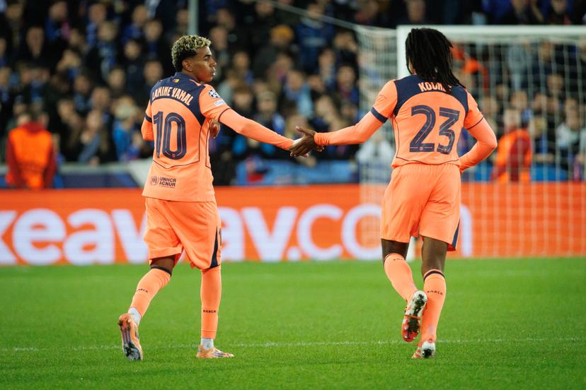 Barcelona's Lamine Yamal and Barcelona's Jules Kounde celebrate after scoring during a game between Belgian Club Brugge KV and Spanish FC Barcelona, on Wednesday 05 November 2025 in Brugge, on day four of the League phase of the UEFA Champions League tournament. BELGA PHOTO KURT DESPLENTER