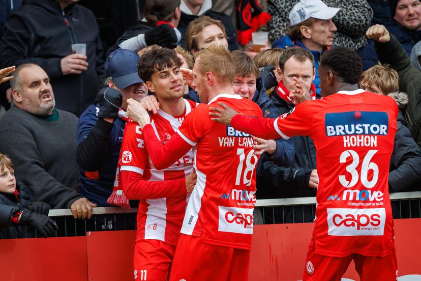 Kortrijk's Denes Vilmos celebrates after scoring during a soccer game between KV Kortrijk and KSC Lokeren, Sunday 01 February 2026 in Kortrijk, on day 23 of the 2025-2026 'Challenger Pro League' 1B second division of the Belgian championship. BELGA PHOTO KURT DESPLENTER