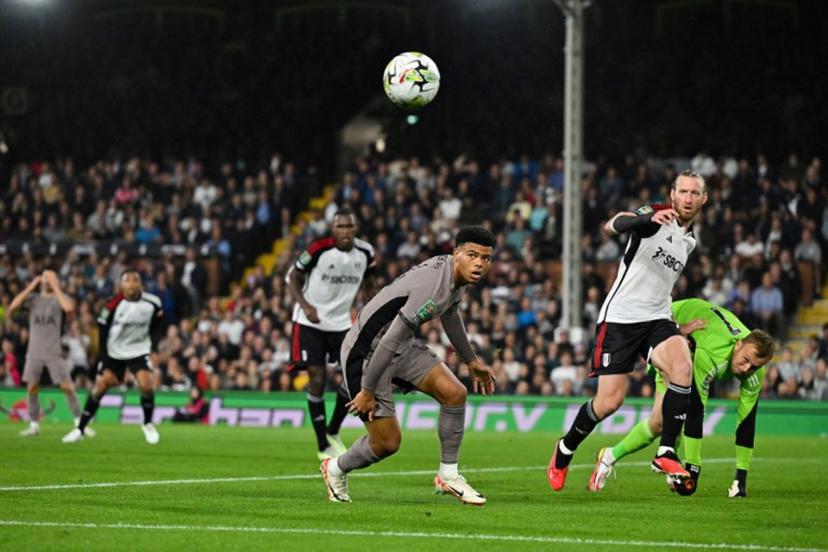 Fulham's Canadian defender #44 Luc de Fougerolles eyes the ball during the English League Cup football match between Fulham and Tottenham Hotspur at Craven Cottage stadium, in London, on August 29, 2023.  Glyn KIRK / AFP