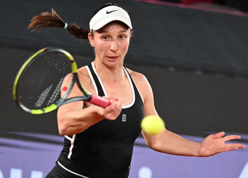 Germany's Tamara Korpatsch returns to Austria's Anastasia Potapova during their women's singles match of the WTA Upper Austria Ladies Linz tennis tournament in Linz, Austria on April 9, 2026.  BARBARA GINDL / APA / AFP