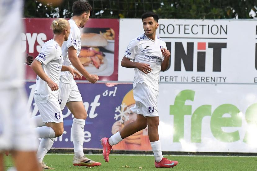 Patro Eisden's Ridwane M'Barki celebrates after scoring during a soccer game between RFC Liege vs Patro Eisden Maasmechelen, Saturday 30 August 2025 in Liege, on day 4 of the 2025-2026 'Challenger Pro League' 1B second division of the Belgian championship. BELGA PHOTO JILL DELSAUX