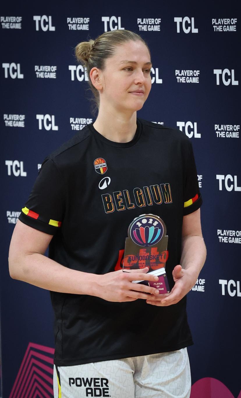 Belgium's Emma Meesseman celebrates after winning a basketball match between Belgian national team 'the Belgian Cats' and Germany, in the quarterfinals of the FIBA Women's EuroBasket tournament, Wednesday 25 June 2025 in Piraeus, Greece. BELGA PHOTO VIRGINIE LEFOUR