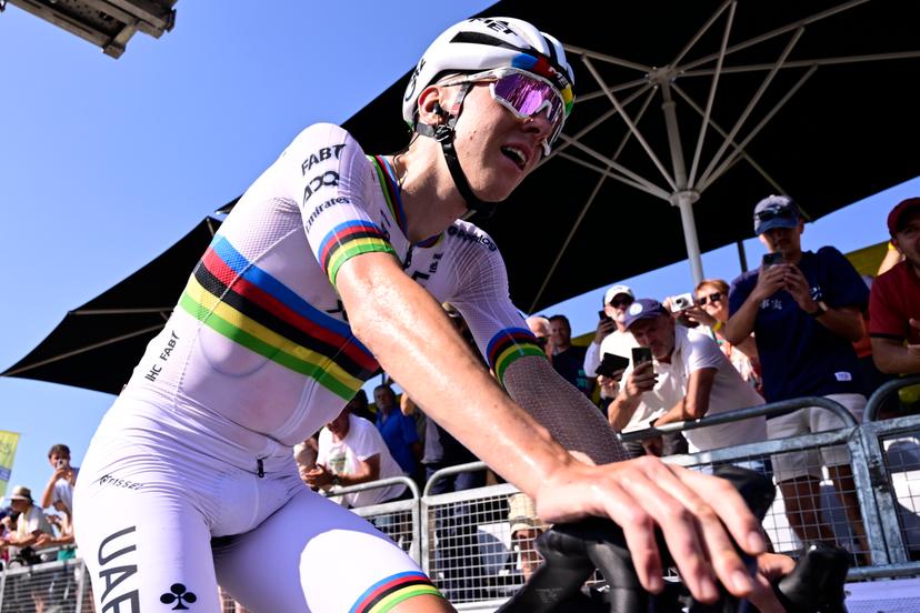 Slovenian Tadej Pogacar of UAE Team Emirates celebrates after winning stage 12 of the 2025 Tour de France cycling, from Auch to Hautacam (181 km), on Thursday 17 July 2025 in France. The 112th edition of the Tour de France starts on Saturday 5 July in Lille, France, and will finish in Paris, France on the 27th of July.   BELGA PHOTO DIRK WAEM
