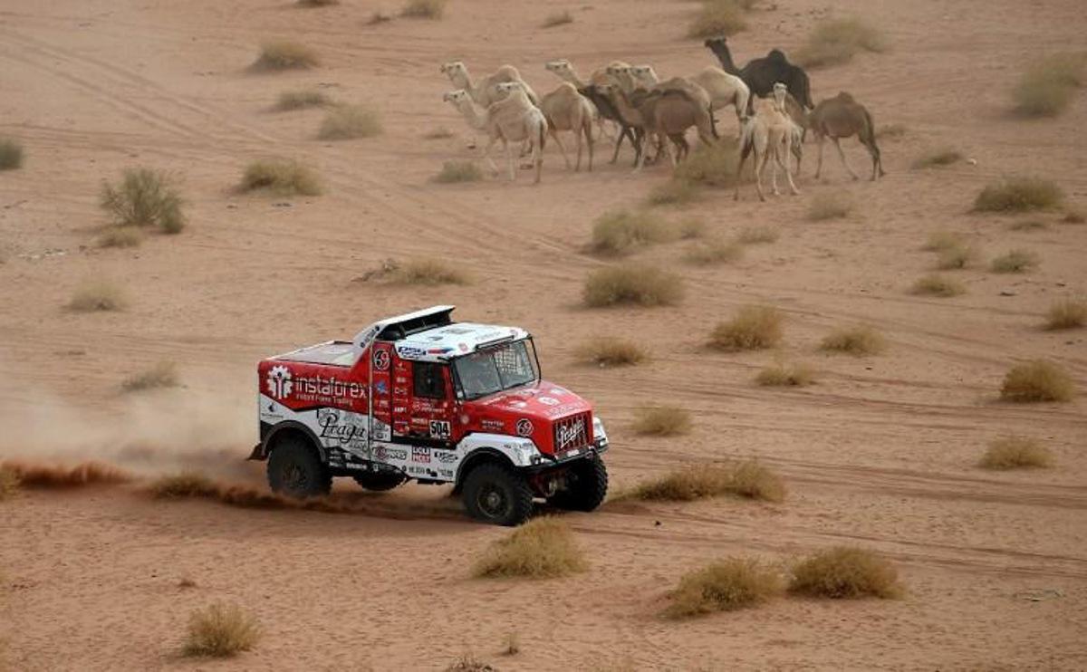 Czech driver Ales Loprais and co-drivers Petr Pokorada and Khalid Alkendi  compete during the Stage 10 of the Dakar Rally 2021 between Neom and Alula in Saudi Arabia, on January 13, 2021.   FRANCK FIFE / AFP