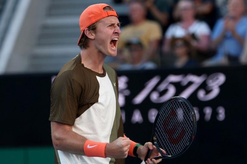 USA's Sebastian Korda celebrates winning the second set against compatriot Michael Zheng during their men's singles match on day one of the Australian Open in Melbourne on January 18, 2026.  IZHAR KHAN / AFP