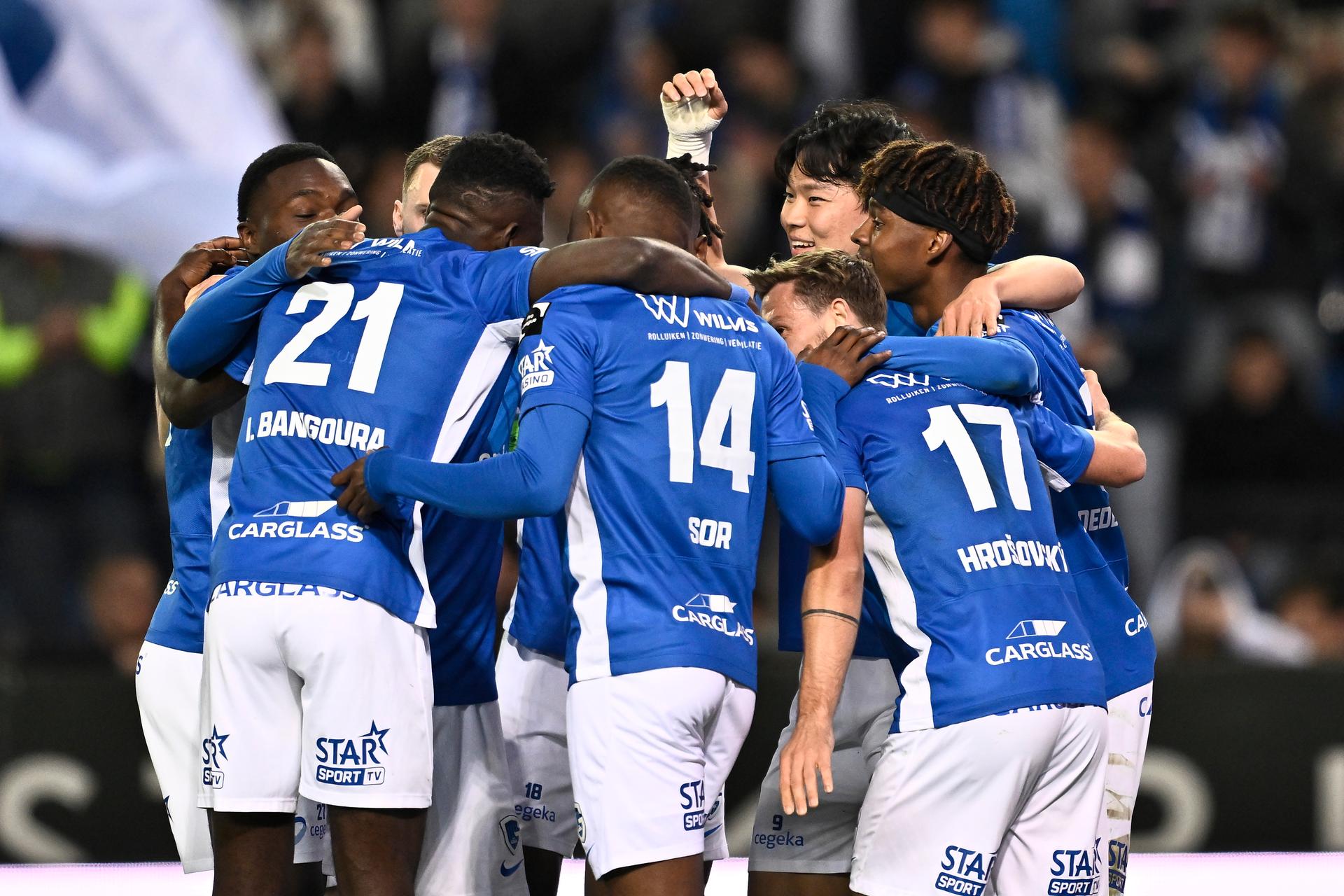 Genk's Hyon-Gyu Oh celebrates after scoring during a soccer match between KRC Genk and KAA Gent, Sunday 30 March 2025 in Gent, on day 1 (out of 10) of the Champions' Play-offs of the 2024-2025 'Jupiler Pro League' first division of the Belgian championship. BELGA PHOTO JOHAN EYCKENS