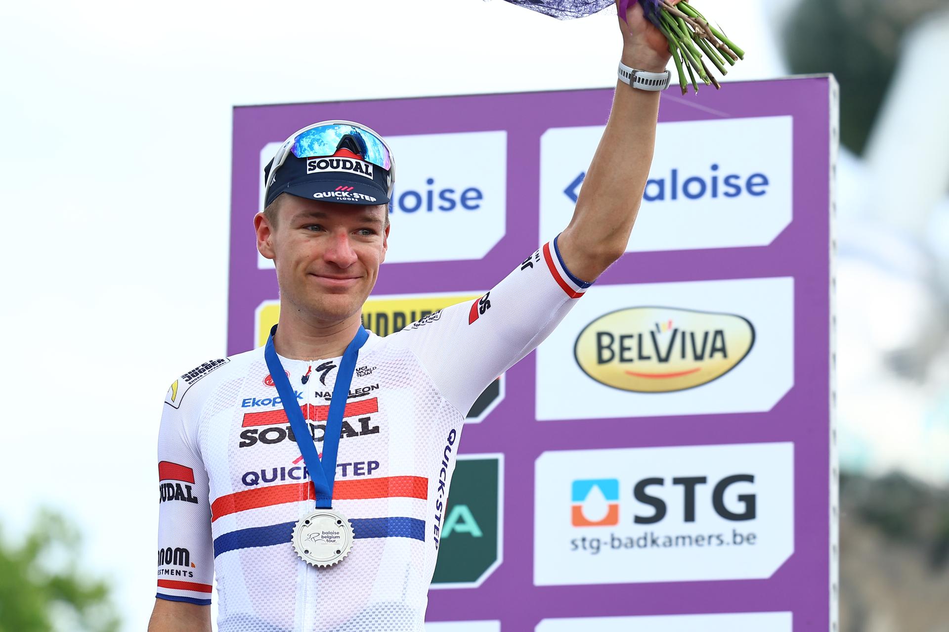 British Ethan Hayter of Soudal Quick-Step pictured on the podium after stage 5, the last stage of the Baloise Belgium Tour cycling race, from and to Brussels (183,2 km), Sunday 22 June 2025. The Baloise Belgium Tour takes place from 18 to 22 June. BELGA PHOTO DAVID PINTENS
