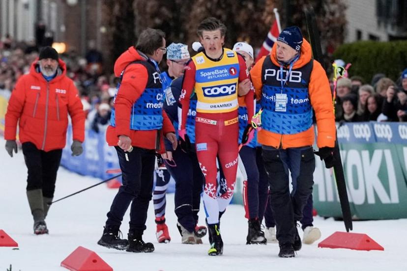 Johannes Hosflot Klaebo reacts after falling during the World Cup sprint cross-country race in Drammen, Norway on March 12, 2026.   Lise Åserud / NTB / AFP