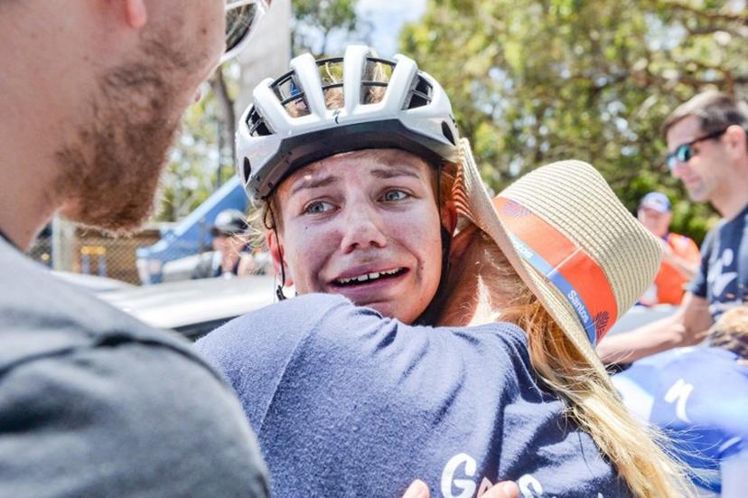 AG Insurance - Soudal rider Sarah Gigante from Australia reacts after winning the third stage of the Tour Down Under cycling race in Adelaide on January 14, 2024.  Brenton EDWARDS / AFP