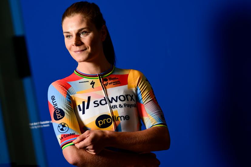Belgian Lotte Kopecky poses for the photographer at the team presentation of the Team SD Worx-Protime cycling team, at the photography museum (FOMU), in Antwerp, Thursday 08 January 2026. BELGA PHOTO DIRK WAEM