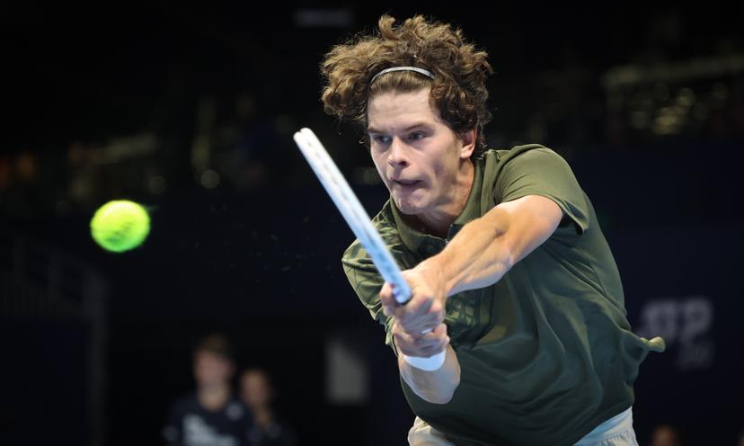 Belgian Alexander Blockx pictured in action during the European Open ATP tennis tournament in Brussels, on Sunday 12 October 2025. This year's edition of the tournament is taking place from 12 to 19 October 2025. BELGA PHOTO VIRGINIE LEFOUR