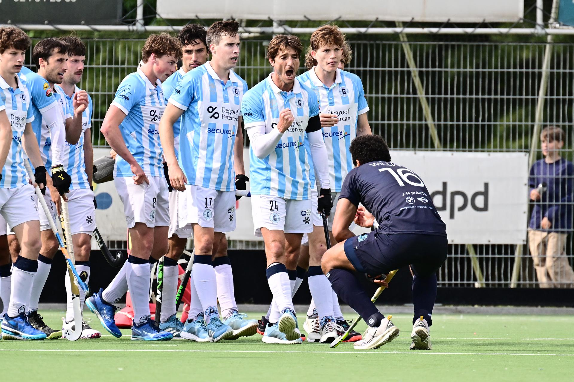 Gantoise's Antoine Kina celebrates after a hockey game between Oree and Gantoise, Sunday 04 May 2025 in Brussels, on day 21 of the Belgian first division hockey championship. BELGA PHOTO MAARTEN STRAETEMANS