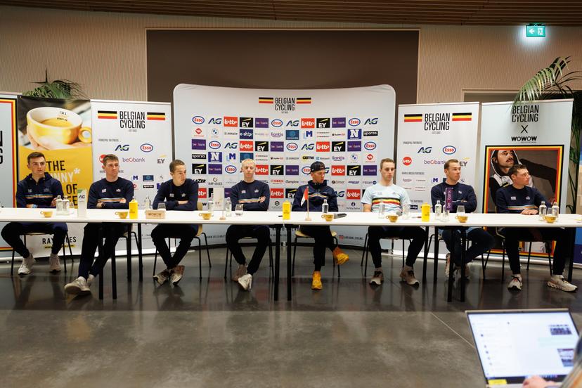 Belgian ryders pictured during a press conference ahead of the UEC Cyclocross European championships, Friday 07 November 2025, Middelkerke. The European cyclocross championships take place on 8 and 9 November. BELGA PHOTO KURT DESPLENTER