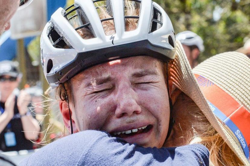 AG Insurance - Soudal rider Sarah Gigante from Australia reacts after winning the third stage of the Tour Down Under cycling race in Adelaide on January 14, 2024.  Brenton EDWARDS / AFP