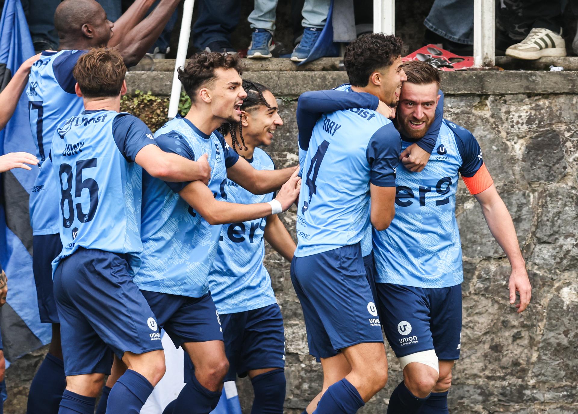 Rochefort's Thomas Thibaud Vanhecke celebrates after scoring during a soccer match between Union Rochefortoise (amateur 1st division) and KAA Gent, Sunday 18 October 2026 in Rochefort, in the 1/16 final of the Croky Cup Belgian cup competition. BELGA PHOTO BRUNO FAHY