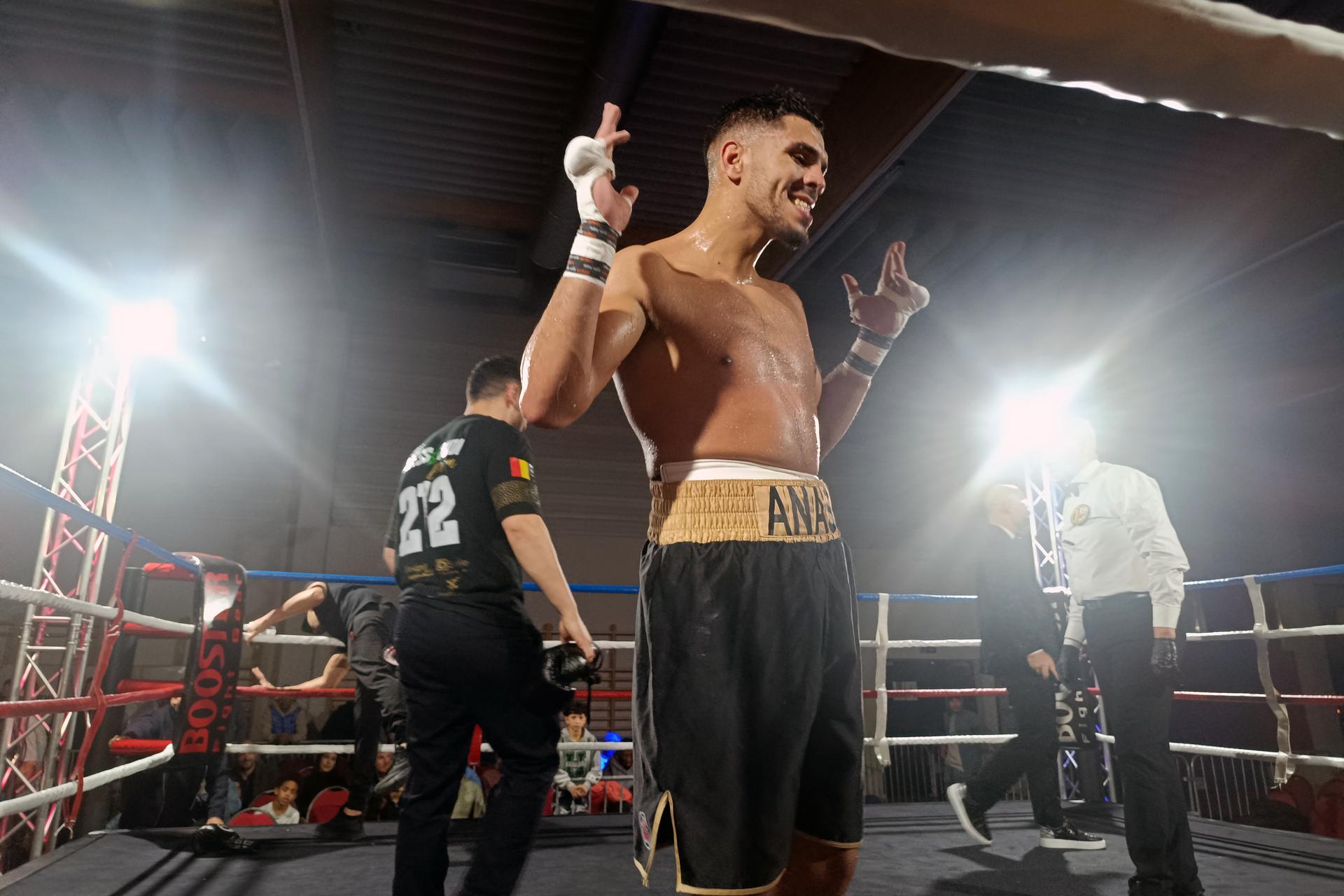 Belgian Anas Messaoudi celebrates after winning his fight in Brussels on Saturday 07 February 2026. BELGA PHOTO BERNARD CERF