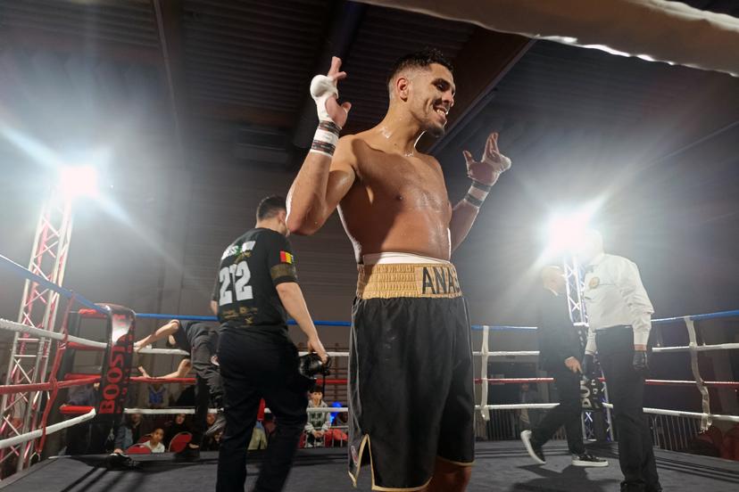 Belgian Anas Messaoudi celebrates after winning his fight in Brussels on Saturday 07 February 2026. BELGA PHOTO BERNARD CERF